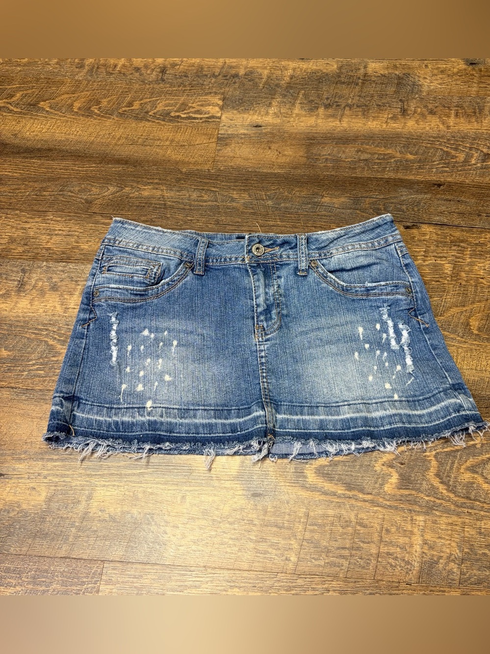 Vintage Y2K Distressed Angels Denim Jean Mini Skirt Sz 11 Grunge Indie Festival